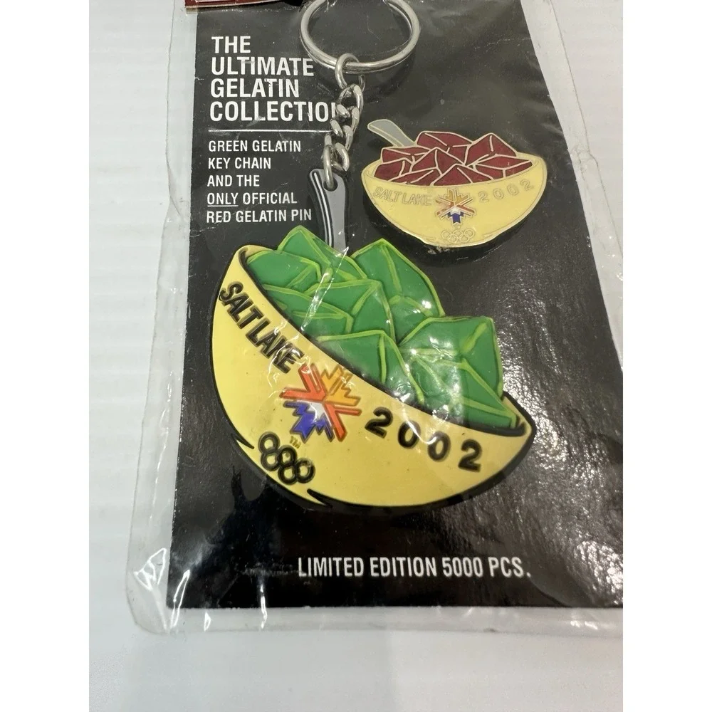 Salt Lake 2002 Olympics Aminco LE 5000 RED /GREEN JELLO KEYCHAIN PIN Set NIP